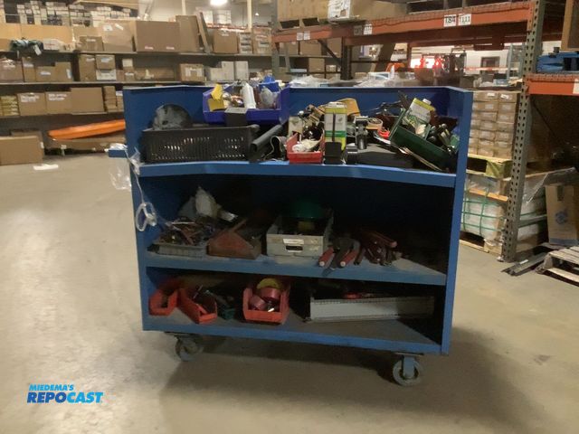 Lot 2-25307 - 56”x61”x30” metal cart on caster full of tools, one of shelves is bent