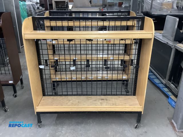 Lot 2-23892 - (2) Wood product displays on casters, 48” wide by 12” deep by 49” tall.
