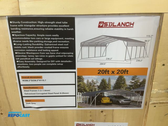 Lot 2-41622 - New SDLANCH 20’x20’ Steel Carport, 236.2” wide x 236.2” deep x 115.7” tall overall, 84.3” Sidewall H...