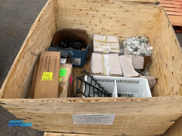 Lot 2-11135 - Crate of miscellaneous items including Fastec looking latch, stove parts, sikafast 3121 adhesive, Fu...