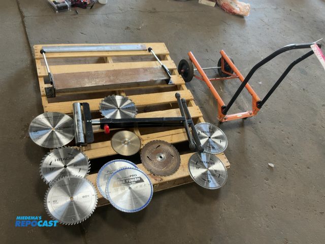 Lot 2-20271 - Lot of (9) Assorted 10” Saw Blades, most appear new, (1) Adjustable Roller Stand, (1) Cart on Caster...