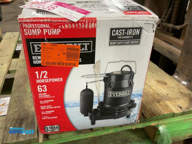 Lot 2-21536 - Everbilt 1/2hp Professional Sump Pump, 63 Gallons Per Minute, Heavy Duty Float Switch, Store Return,...