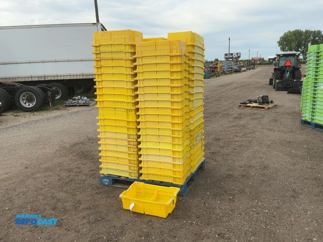 Lot 2-22756 - Skid of (100) Plastic Blueberry Harvest Lugs, stackable, approx. 23-1/2”x15-3/4”x7” tall, most are R...