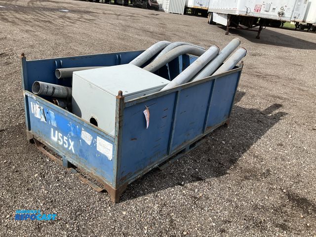 Lot 2-40894 - Metal crate 80” x 48” x 32”T with misc 4” metal conduit and an electrical box 30” x 24” x 21”, used