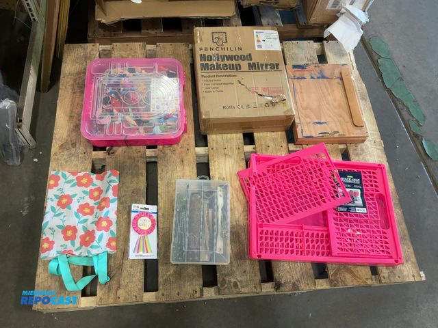 Lot 2-18433 - Lot of household items: pink stackable folding crate, wooden painting desk/drawer, makeup mirror, je...