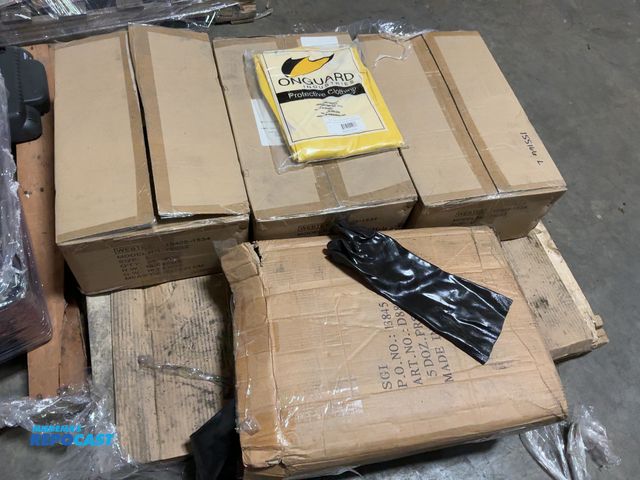 Lot 2-19710 - Skid lot of Black Rubber Gloves and (3) boxes of Onguard Industries Protective Clothing