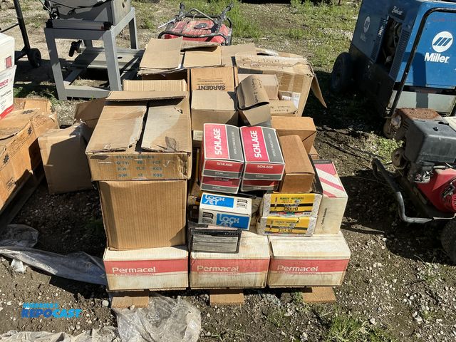 Lot 2-16145 - Skid lot of misc, industrials includes: various door locksets, door knobs, nails, tape…