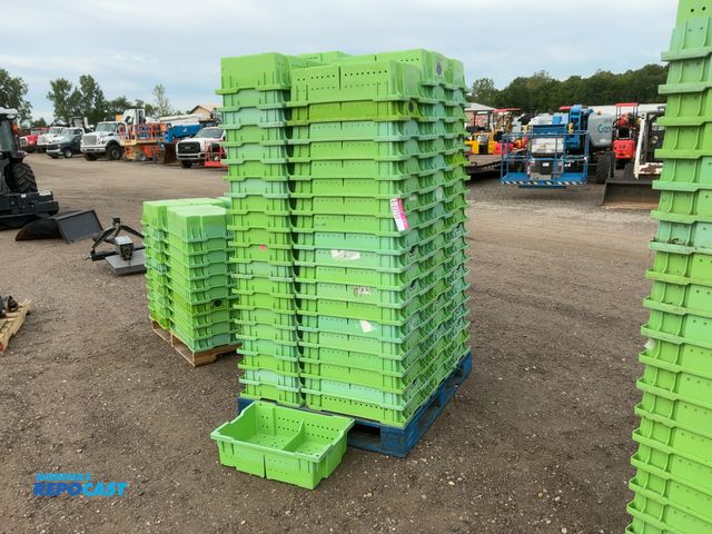 Lot 2-22759 - Skid of (100) Plastic Blueberry Harvest Lugs, stackable, approx. 23-1/2”x15-3/4”x7” tall, most are R...