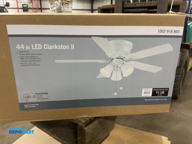 Lot 2-23301 - Clarkston II 44” LED Ceiling Fan, White with Frosted White Glass Shades, White and Seasoned Grey Rev...