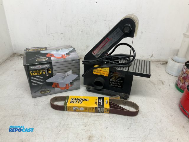 Lot 2-74675 - Electric Powered Central Machinery 1”x30” Bench-Top Belt Sander and Chicago Electric 4” Mighty-Mite ...