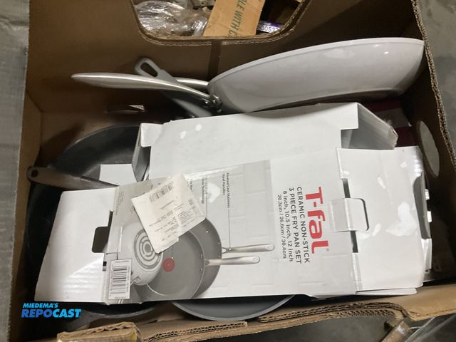 Lot 2-95102 - Box of various t-fal ceramic non-stick frying pans and a cast iron pan