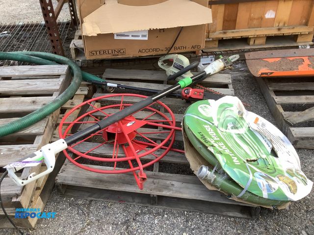 Lot 2-35418 - Lot including a 2”-2’ PVC Intake hose, Dixon Hose reel, 18” hedge trimmer, trimmer plus, Portland tr...