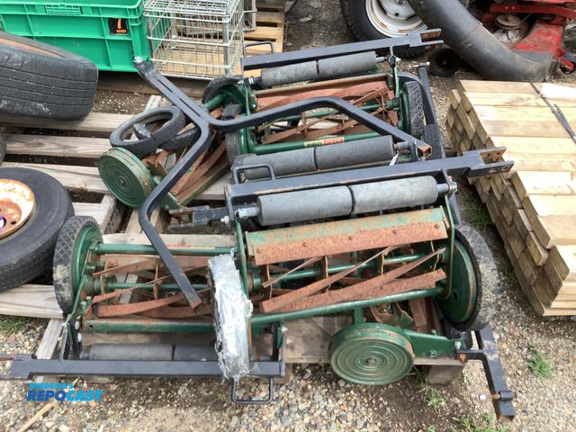 Lot 2-30730 - Vintage Trailing gang reel mower system (replacement wheels, additional (4) gang reel mower units, a...