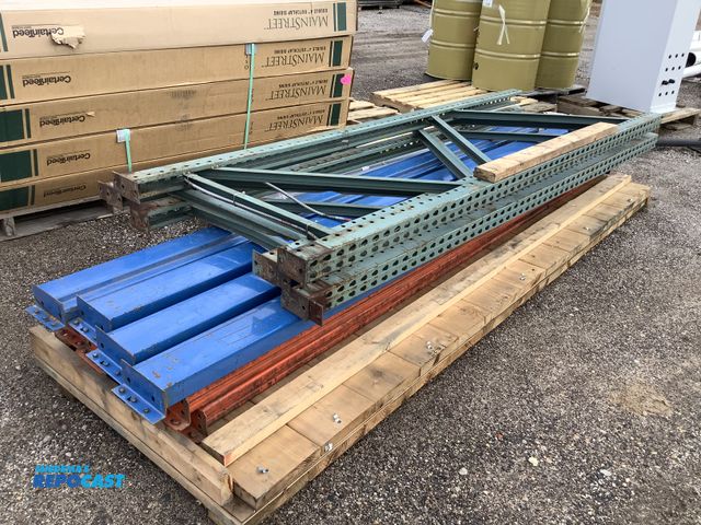 Lot 2-33949 - Skid of metal racking blue and orange posts and green racks