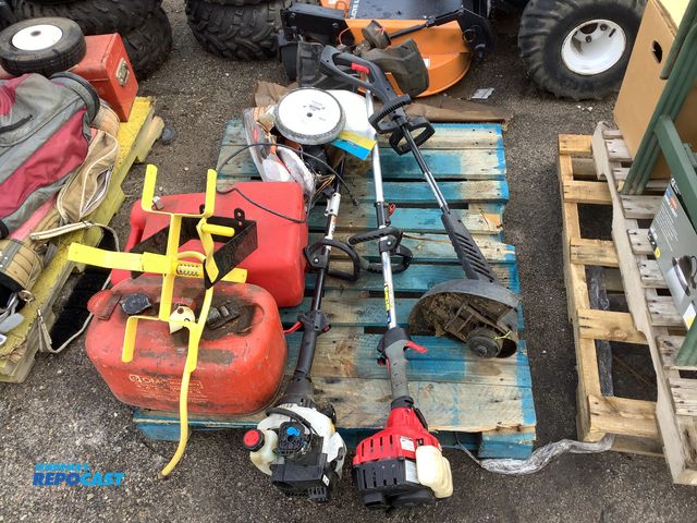 Lot 2-35872 - Skid Lot of (3) String Trimmers, (2) Fuel Cans, and (1) Chicago 7” Polisher/Sander