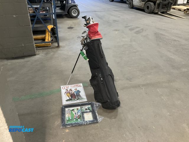 Lot 2-74261 - Lot of golf items including golf masters signs and Burton club set