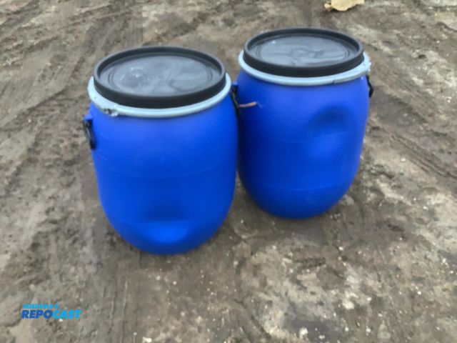 Lot 2-92553 - Lot of (2) 25gal. Blue Plastic Barrels w/ Removable lids and locking rings