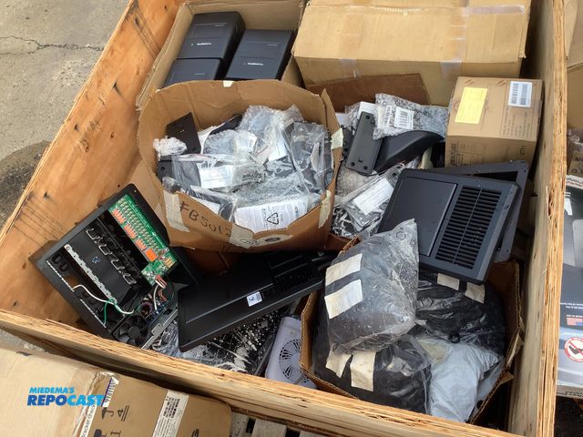 Lot 2-11128 - Crate of miscellaneous items including dometic solar controllers, Furrion charger packs, venture pro...