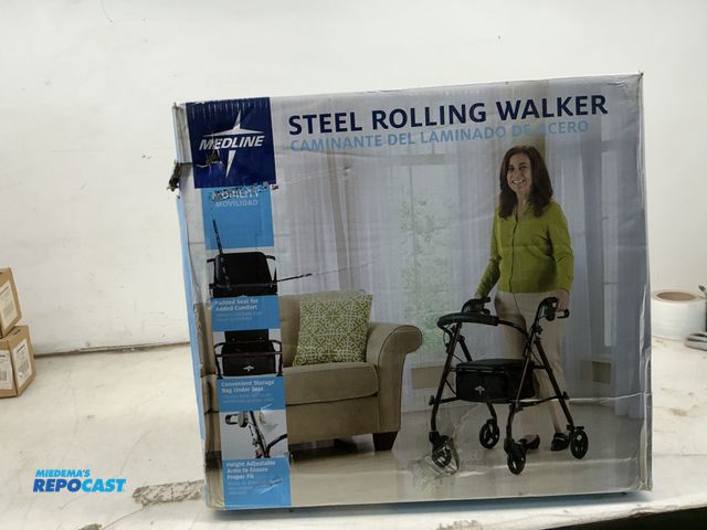 Lot 2-92525 - Medline Steel Walker-rolling padded seat for added comfort storage bag under seat adjustable arms