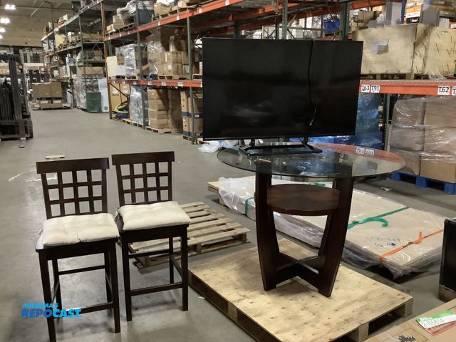 Lot 2-65614 - Lot of (2) wooden 17”x17”x40”H dark brown chairs with cushions, a dark brown wooden circular table w...