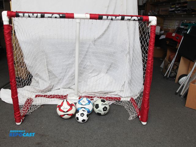 Lot 2-11110 - Small soccer or street hockey goa - approx. 54" x 44" tall, 4 soccer balls, 2 score brand size 4, Ba...