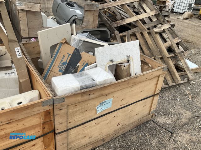 Lot 2-27291 - Wooden crate full of various kinds of sinks and sink parts