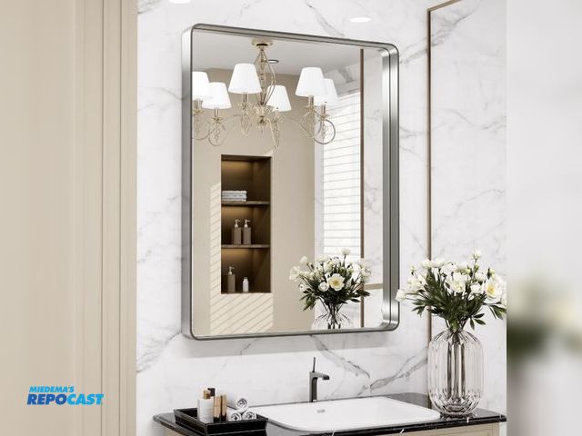 Lot 2-64379 - LOAAO 28X36 Inch Brushed Nickel Bathroom Mirror, Rounded Rectangle Silver Metal Frame Mirror, Brushe...