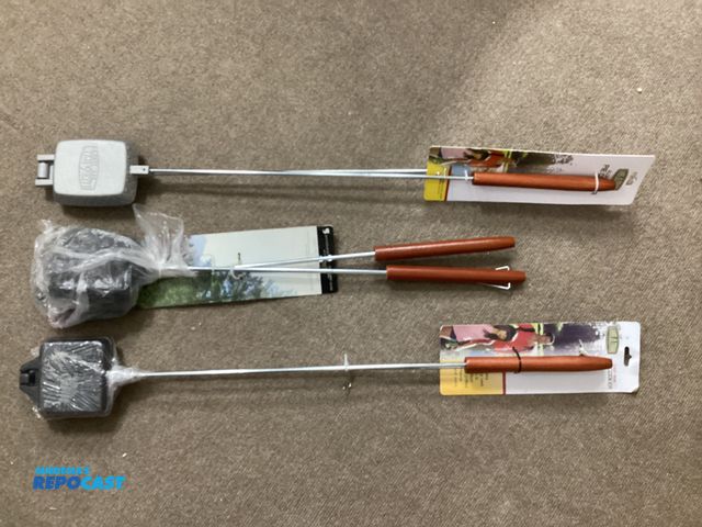 Lot 2-11064 - Three new Pie cookers for campfires. 1 Lake and Trail Aluminum Pie Cooker, one Lake and Trail Cast I...