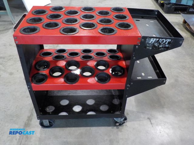 Lot 2-30293 - Huot tooling holder card. Locking castors. 36 slots. Bottom shelf. Two side shelves. Push/Pull handl...