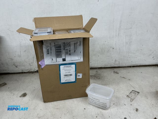 Lot 2-74987 - Box of 5.75”x4”x11.5”H and 5.75”x4”x3.5”H clear plastic containers with lids