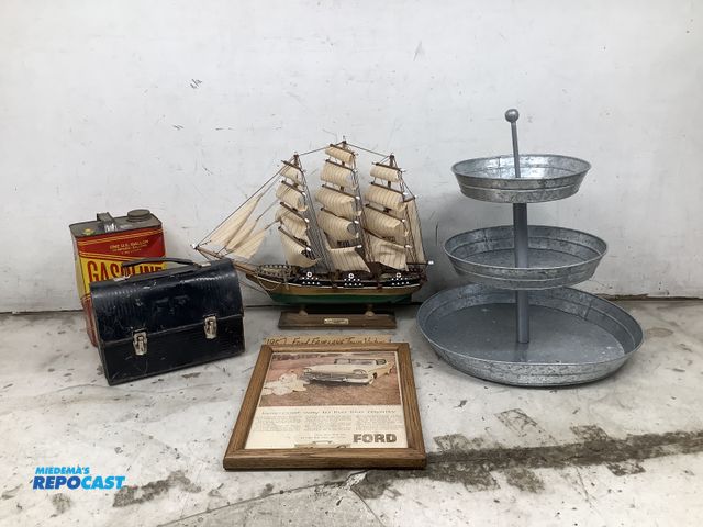 Lot 2-64551 - Three tier stand, a model of the 1869 Cutty Shark, a vintage Gasoline gallon can, a vintage black pa...