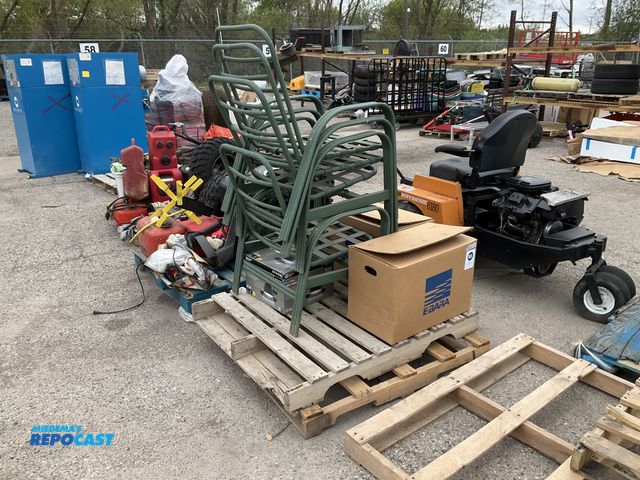 Lot 2-35558 - Skid lot of various types of items including box of electrical supplies, chairs and led lamp.