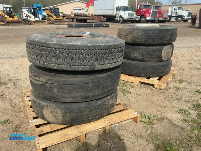 Lot 2-20985 - Lot of (5) Used Steel 22.5” Semi Wheels with junk tires, one has elongated stud holes and (1) 24.5” ...
