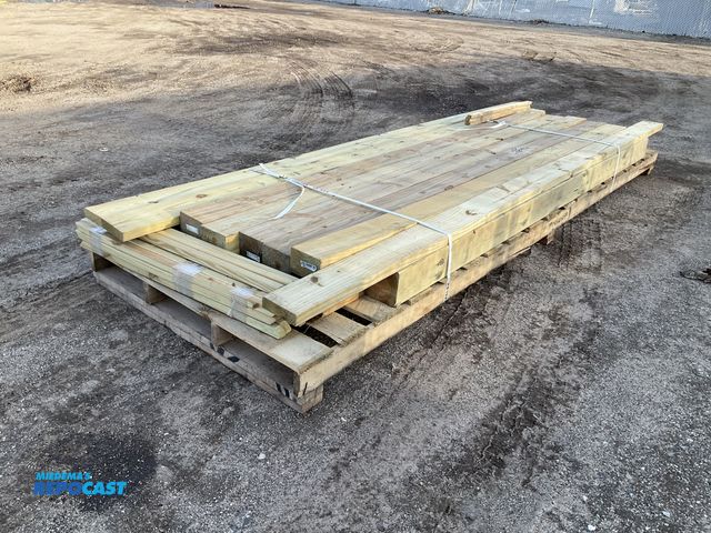 Lot 2-73247 - Skid lot of assorted sized long wood boards Including: 12’ x 6”, 10’ x 6”, stakes 3.5’ x 1”