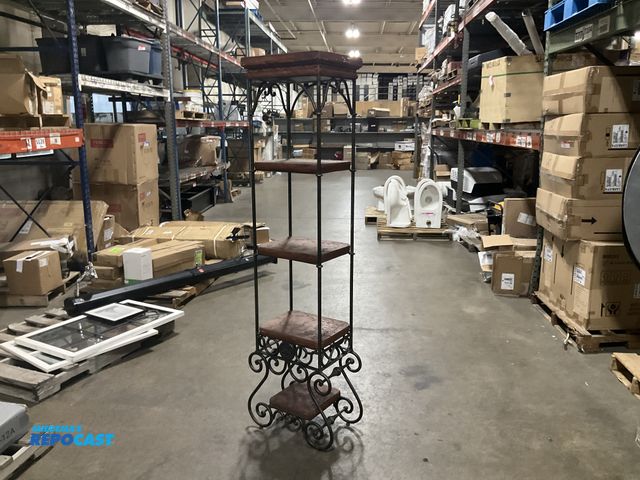 Lot 2-27402 - Metal 5 shelf stand wooden shelves with metal frame old metal style 16” x 12” x 72”