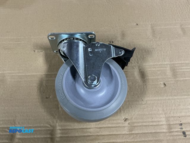 Lot 2-23251 - (6) New 5"x1.25" Grey Rubber Tread Swivel Casters with Total Lock Brake, Ball Bearings, 2-1/2"x3-5/8...