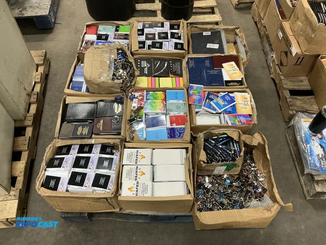 Lot 2-95984 - Skid lot of various pens, keychains, sticky notes, &amp; notebooks