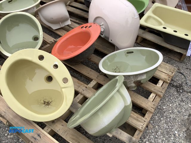 Lot 2-33766 - Skid of (5) ceramic sinks multi color including yellow, orange, cream, and green