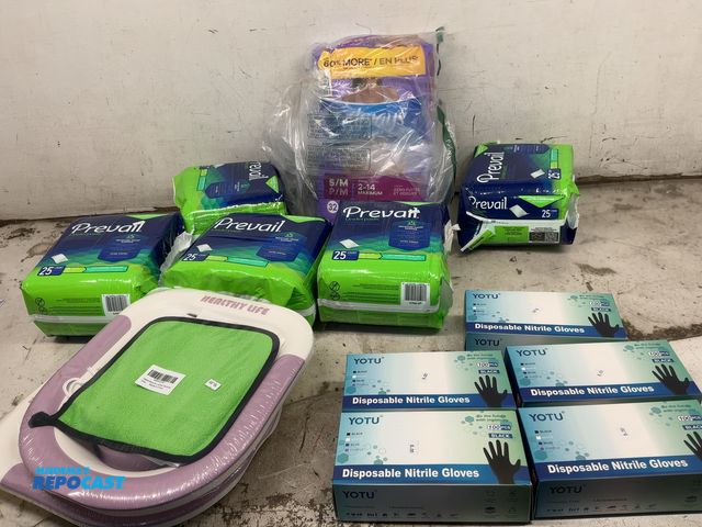 Lot 2-96118 - Lot of items including 125 prevail underpads 32 underwear culottes 500 disposable gloves (2) healthy...