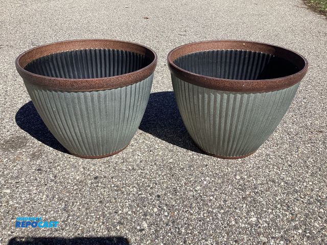 Lot 2-77750 - Two New 15” Westlake Round Planters by Southern Patio. Rustic Galvanized. Approximately 15” across a...