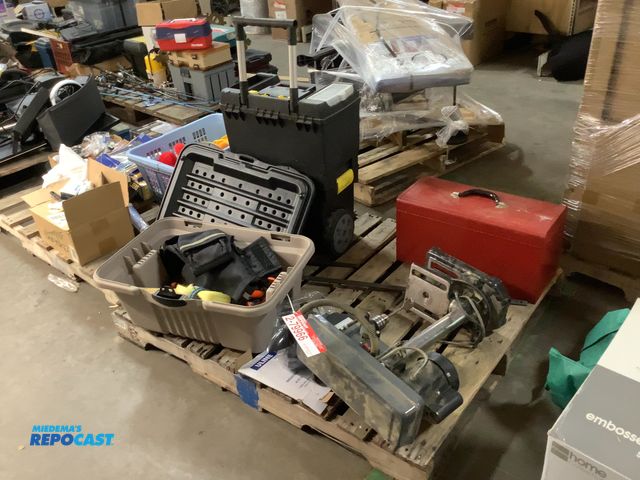 Lot 2-79966 - Skid lot including Rubbermaid bin of straps,socket heads,,central machinery 5 speed bench drill pres...