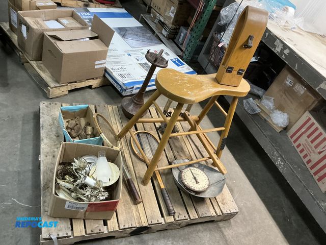 Lot 2-95975 - Skid Lot of Miscellaneous Items Including Leather Stitching Bench, Various Lighting Fixtures, Ash Tr...