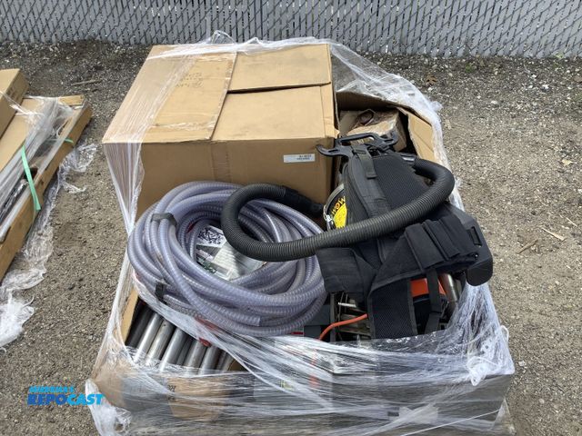 Lot 2-10362 - Miscellaneous skid lot of parts including: portable injector, Hoover pro shoulder vac commercial cle...