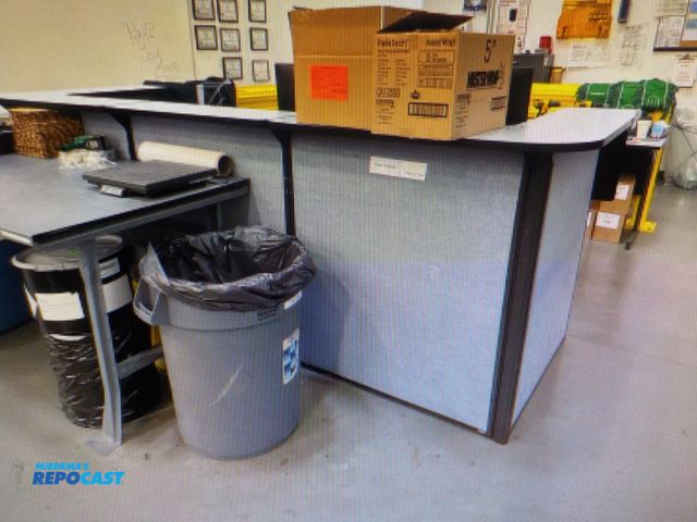Lot 2-30251 - Global U-shaped office cubicle for receptionist only. See pics. Blue fabric.