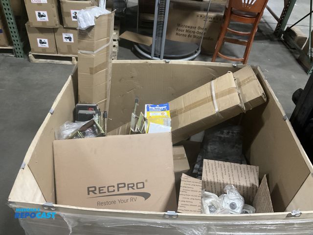 Lot 2-60446 - Crate of Miscellaneous RV Parts Including Blinds, Towel Bars, Cooktop, Kitchen Faucet, and More