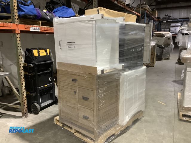 Lot 2-34937 - Skid lot of assorted household furniture including: miscellaneous cabinets, dressers, cupboards…etc