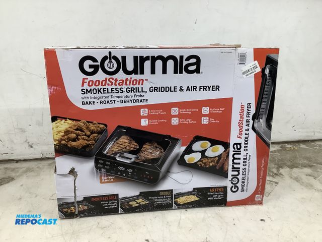 Lot 2-65729 - Gourmia GGA2180 Other Food station smokeless grill, griddle, and air fryer with integrated temperatu...
