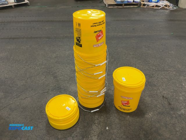 Lot 2-13130 - (11) New 5-gallon plastic all-purpose buckets with handles and lids.