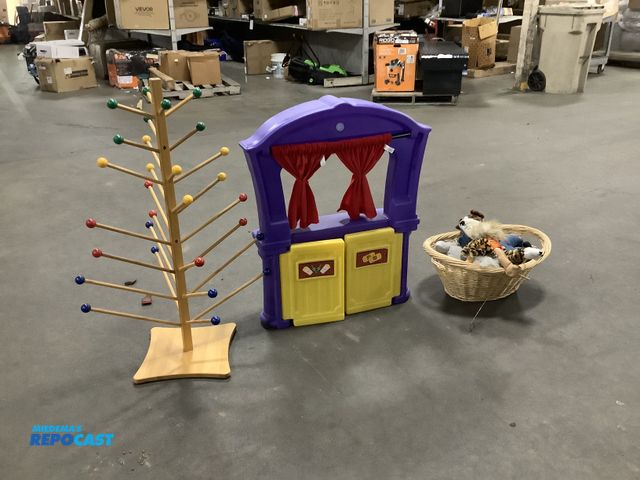 Lot 2-18408 - Lot of assorted hand puppet show supplies including: (5) hand puppets, set up show curtain, and wood...