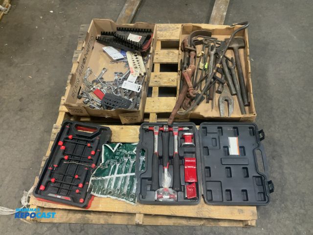 Lot 2-64187 - Skid lot of miscellaneous tools including wrenches, Allen wrenches, Maddox body and fender set, etc.